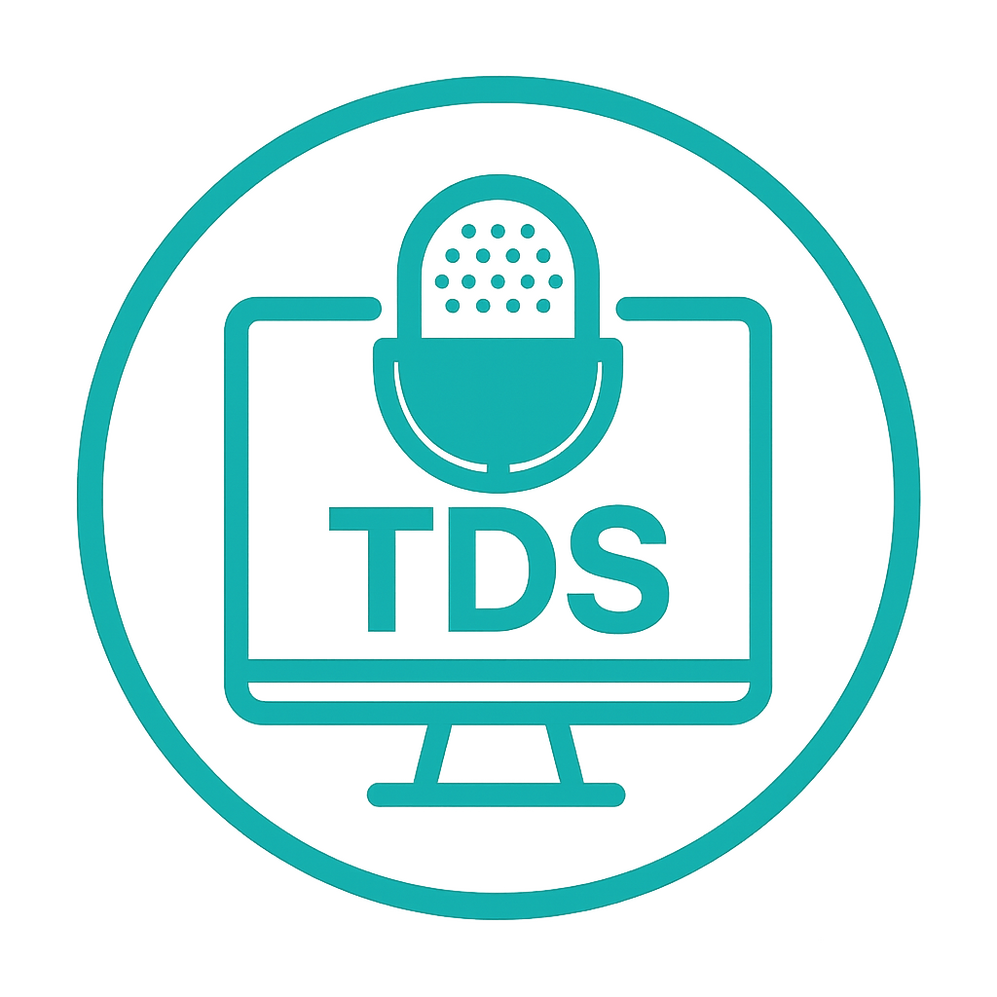 Through Describe Studio Logo Logo for Through Describe Studio. A teal condenser microphone sits above the letters “TDS” inside a computer screen, all enclosed in a teal circle.